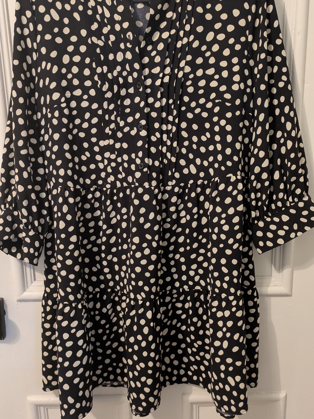 Who What Wear Black and White Polka Dot Long Sleeve Tiered Dress